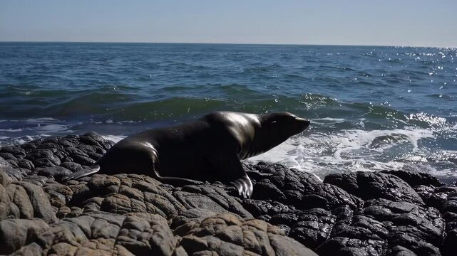 Sea lion observing incoming wave on rocks