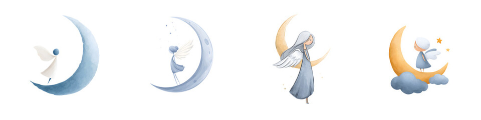 Cute Angel Fairy on Moon Watercolor Collection, Fantasy Art