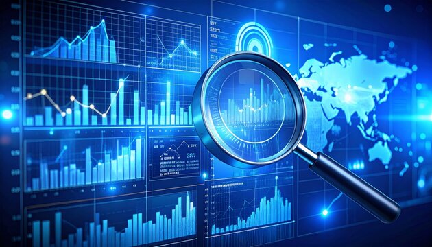 Market analysis and business strategy. Financial and statistical data dashboard.Analyst magnifying graphs and charts.