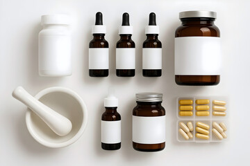 Pharmaceutical and Natural Medicine Branding Mock up with blank labels, Modern Wellness and Supplement Packaging Flat Lay, copy space area