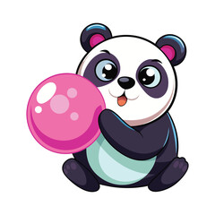Cute panda blowing giant bubblegum bubble popping on face, funny cartoon vector art, playful animal illustration on white background