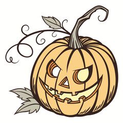 Scary orange pumpkin with carved face and vine jack o lantern
