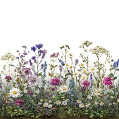 Obraz premium A vibrant horizontal arrangement of wildflowers in various shades of purple, pink, white, and yellow against a stark white backdrop. The flowers and foliage are depicted in exquisite detail