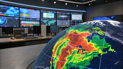 Meteorology High-tech control room with a detailed globe and multiple digital screens displaying data.