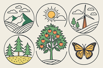  nature landscape, flat design icon set, cloud sun tree, fruit tree, pine tree, mountain landscape, wind turbine, butterfly, nature icon