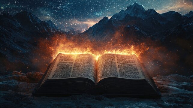 generate an image of ancient open bible with rays of light coming out of it in with a moutain in the background.