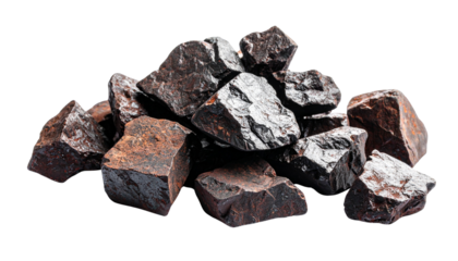 Pile of iron ore rocks, isolated on transparent background, raw mineral resource