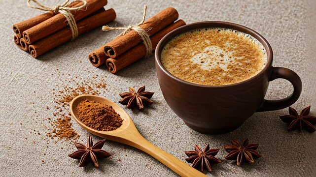 Hot chai latte beverage in a brown mug near cinnamon sticks, with star anise and ground spice on a wooden spoon.