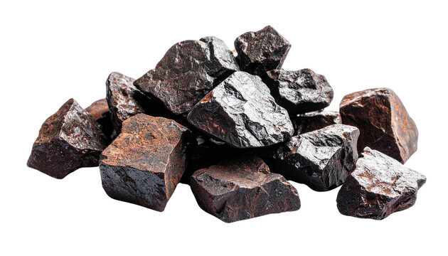 Pile of iron ore rocks, isolated on transparent background, raw mineral resource