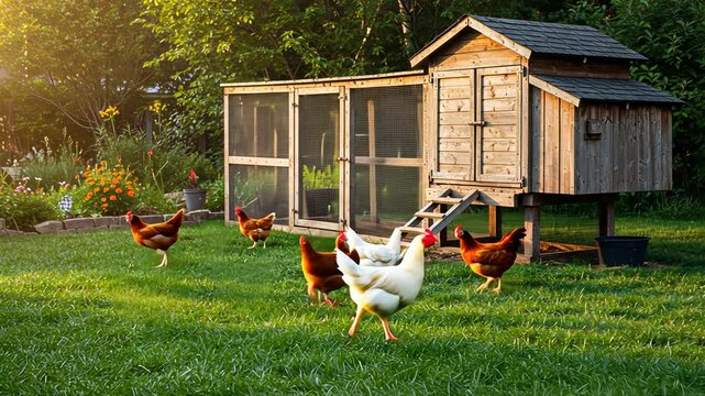 Chickens walking freely on backyard grass near wooden coop. Organic bird farm and rural life concept with poultry birds, footage.