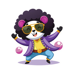 Dancing Panda Vector Illustration with Oversized Sunglasses and Afro Wig in Disco Pose for Fun Party Designs.