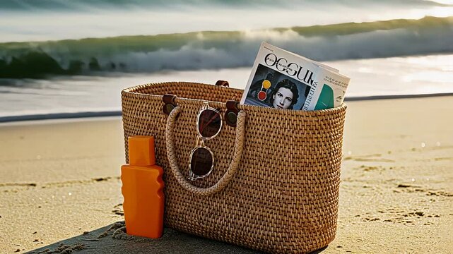 Beach straw bag with sunscreen, sunglasses, and magazine standing on sand. Summer vacation accessory at seaside. Holiday travel footage.