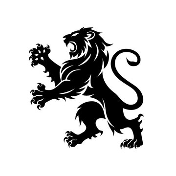 Royal heraldic lions. Black silhouette of a rampant lion and griffins for logo or coat of arms. Premium wild animal crest symbols