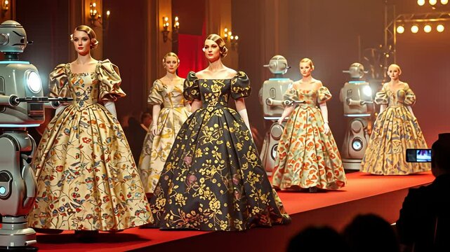 Women models in classical ball gowns walk on a runway with robots. Futuristic fashion show blending tradition and technology footage.