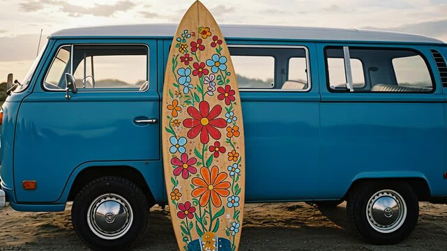 Vintage blue van and flower painted surfboard on sand dune beach. Summer surf travel adventure concept.