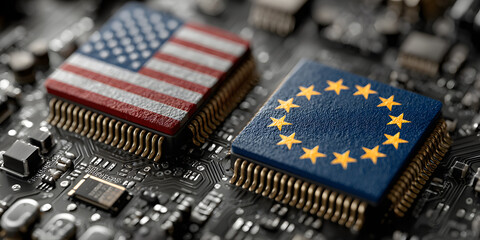 two computer chips on a motherboard. One computer chip has an american flag design. The other computer chip has a EU flag design