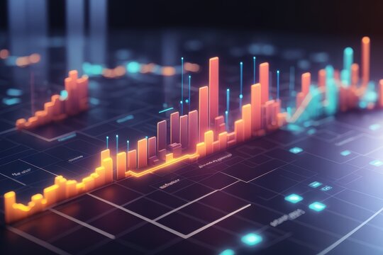 3D rendering of a financial graph with orange bars and blue accents on a grid surface