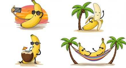 Banana characters relaxing at beach