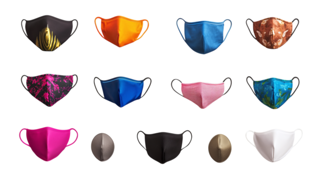 • A collection of high-quality, reusable face masks in trendy designs, isolated on white background in HD - Powered by Adobe