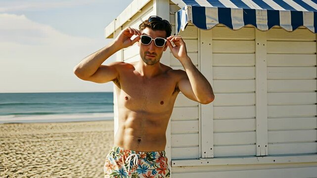 A man standing on a sandy beach wearing floral shorts and adjusting sunglasses, showcasing summer vacation and sunny leisure footage.
