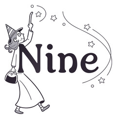 Whimsical witch conjures stars with the number nine