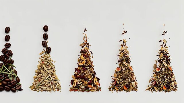 Christmas tree from coffee beans and spices on white background. Holiday decoration concept footage.