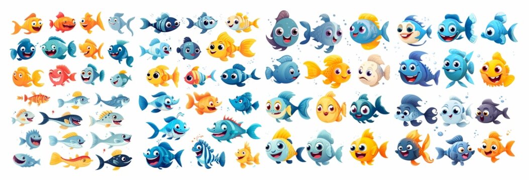 Vaste Collection de Poissons de Dessins Anim&eacute;s aux Expressions Vari&eacute;es et Couleurs Vives sur Fond Blanc
