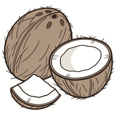 Whole and halved coconut with slice tropical fruit