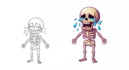 Cartoon skeleton crying illustration with line drawing