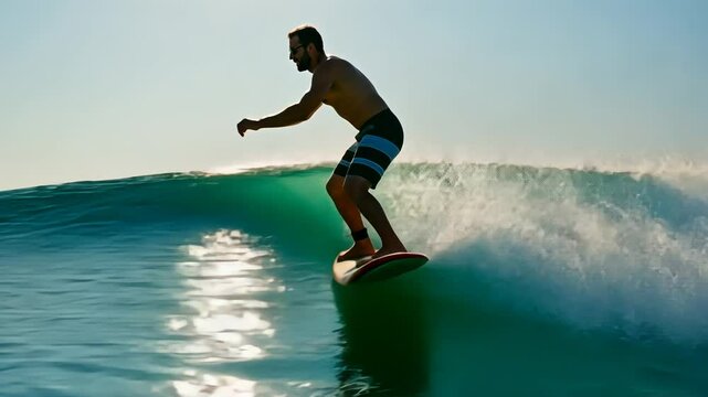 Young man surfing on a powerful ocean wave. Summer outdoor water sport activity. Surfer riding a blue green sea wave footage.