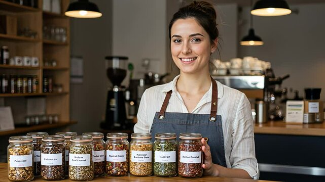 Young woman store owner proudly showcasing various food products in jars on a counter, retail shop footage.