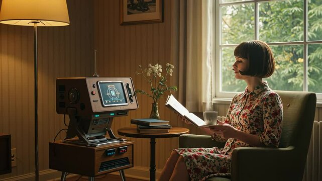Woman reading book and drinking coffee next to vintage style computer. Retro futuristic technology in living room footage.
