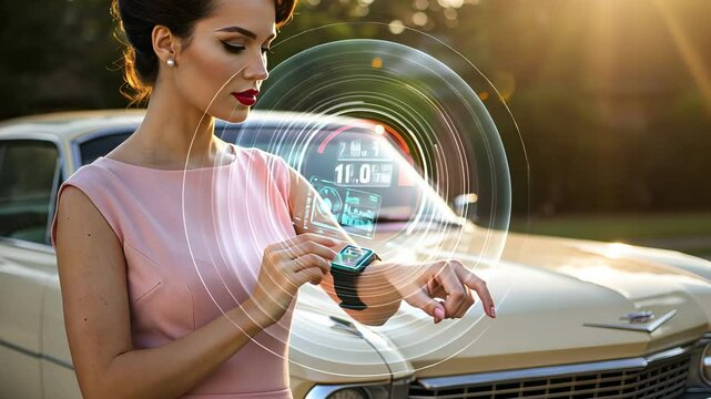 A woman stands next to a classic car, interacting with a futuristic smartwatch displaying holographic data footage.