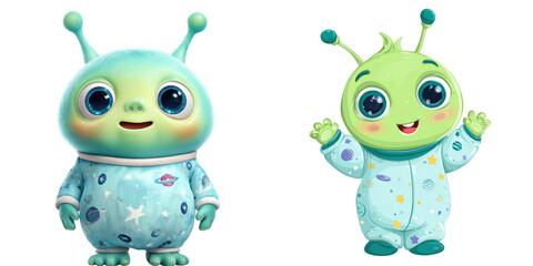 Obraz premium Two cartoon aliens in pajamas with space patterns standing side by side on a black background