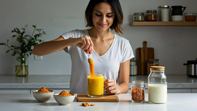 Woman making golden milk with turmeric powder. Healthy indian drink preparation for wellness and immune boost. Home cooking footage.