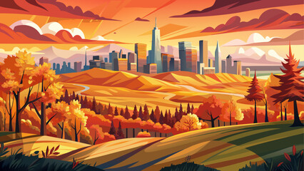 Panoramic autumn landscape of Nose Hill Park in Calgary, Alberta, with vibrant fall foliage in fiery reds and oranges. A dramatic sunset sky paints the horizon above the rolling foothills
