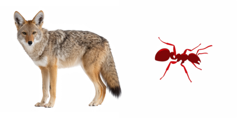 A coyote standing next to a red ant illustration on a black background in the image
