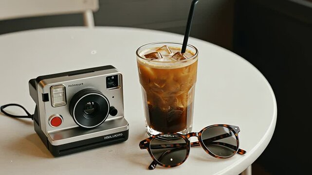 Close up of instant camera, iced coffee drink, and sunglasses on a white table. Leisure and relaxation for summer concept footage.
