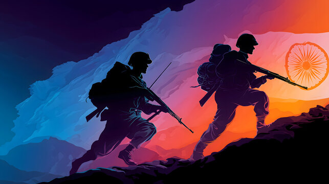 Silhouette of Indian soldiers on top of a mountain holding military weapons - Kargil Vijay Diwas concept