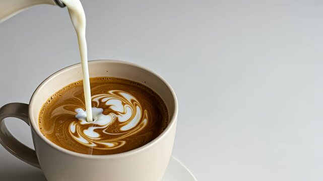 Milk pouring into coffee cup, forming latte art pattern. Breakfast beverage preparation. Drink for a cozy morning or cafe footage.