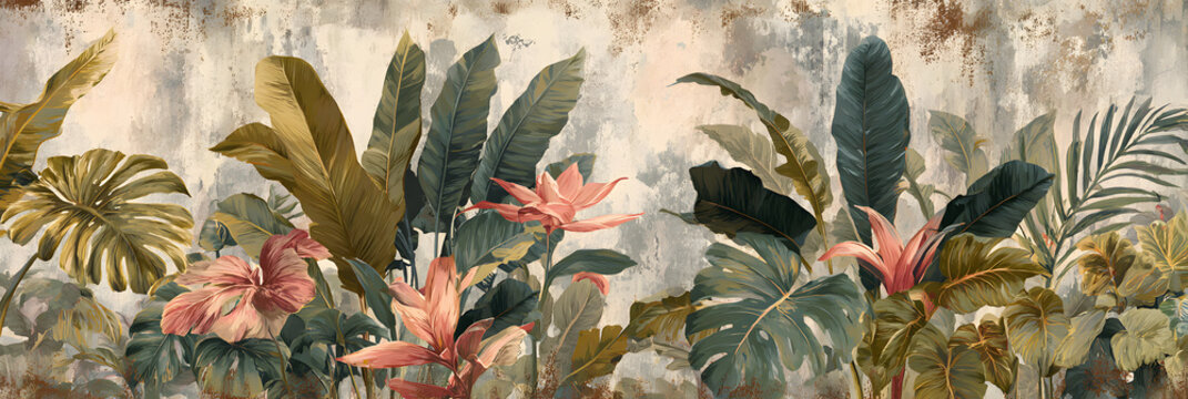 The retro mural photo wallpaper features a tropical forest with graceful leaves in a vintage background graphic painting art card poster print interior