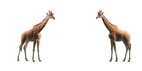 Two giraffes standing facing each other with a black background in a symmetrical view
