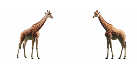 Two giraffes standing facing each other with a black background in a symmetrical view