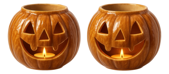 A set of carved pumpkin candle holders made from ceramic, suitable for use on a cottage porch to light up the night.