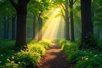 Obraz premium Sun-Dappled Forest Path A Tranquil Nature Scene of Sunlight Filtering Through Leaves, Ideal for Peaceful Backgrounds and Nature-Loving Projects