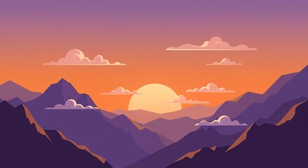 Sunset Over Mountain Range with Clouds Cartoon Illustration