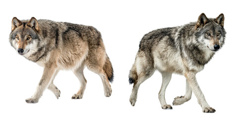 Obraz premium Two wolves standing side by side with gray and brown fur against a black background view