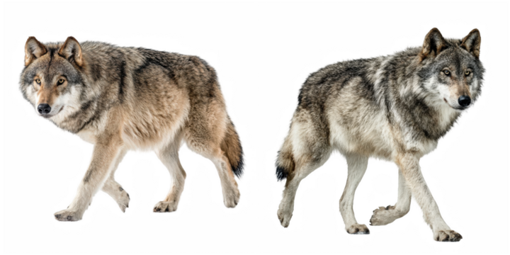 Two wolves standing side by side with gray and brown fur against a black background view