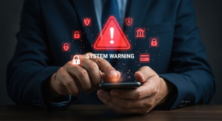 Photo of a businessman receives a system warning alert on his smartphone