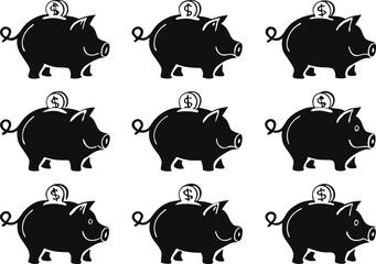 Fototapeta premium Collection of nine black silhouette piggy banks with coins on a white background